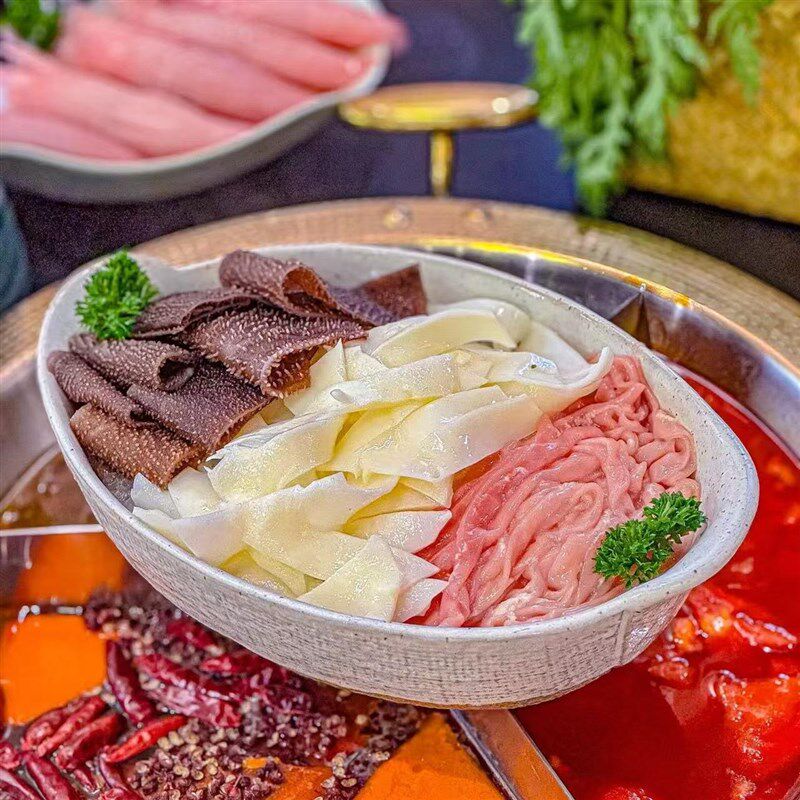 陶瓷椭圆双耳碗网红特色火锅餐具个性千层肚黄喉毛肚鸭肠三拼盘子