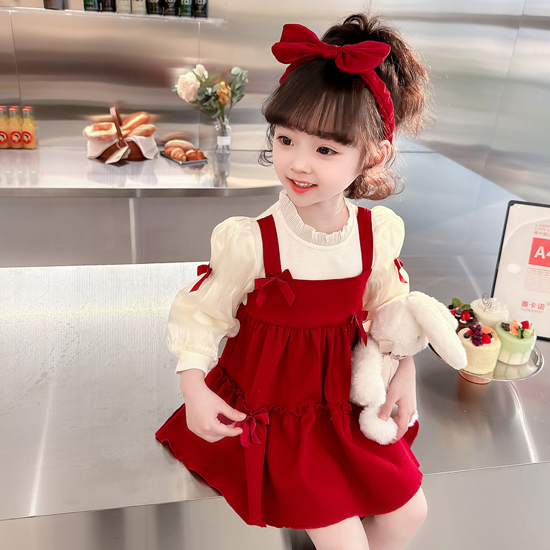 女童春装连衣裙2023新款儿童假两件裙子女宝宝韩版时髦洋气公主裙