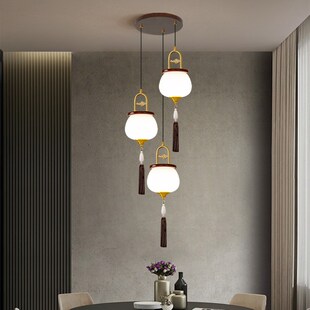 新中式餐厅灯茶室吊灯三头禅意书房吧台茶台灯实木旋转楼梯吊灯具