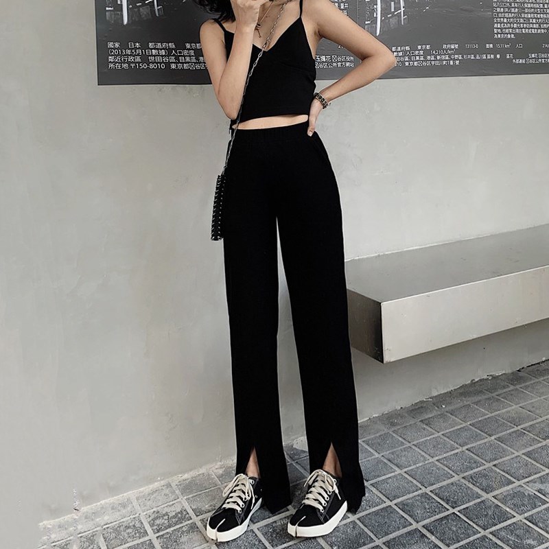 大码胖mm高腰垂坠感阔腿裤女2023夏装新款200斤开叉直筒拖地长裤