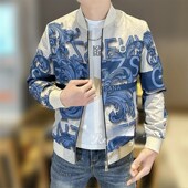 欧货站春季 百搭休闲帅气外套 修身 新款 潮牌网红重工印花夹克男时尚