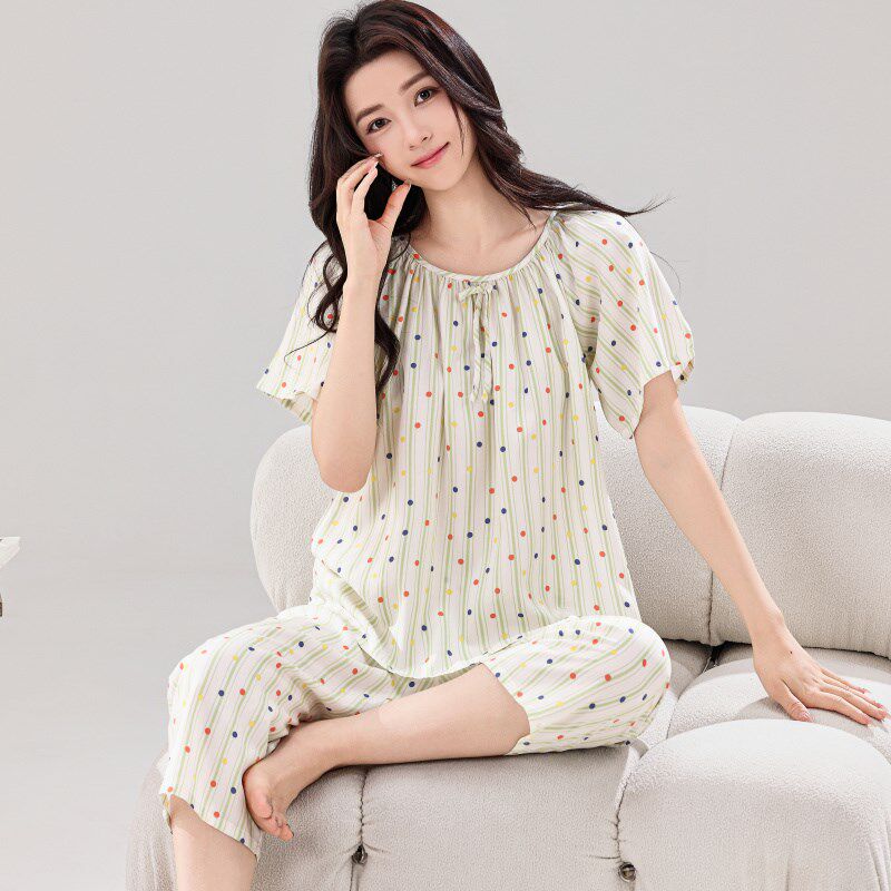 2025新款女式夏季棉绸睡衣套装短袖七分裤卡通甜美学生家居服薄款