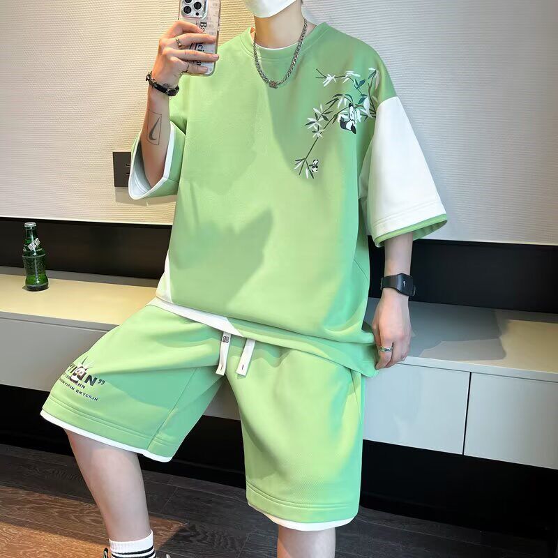 青少年短袖t恤男孩夏季2025新款冰丝男装帅气潮流学生套装夏装