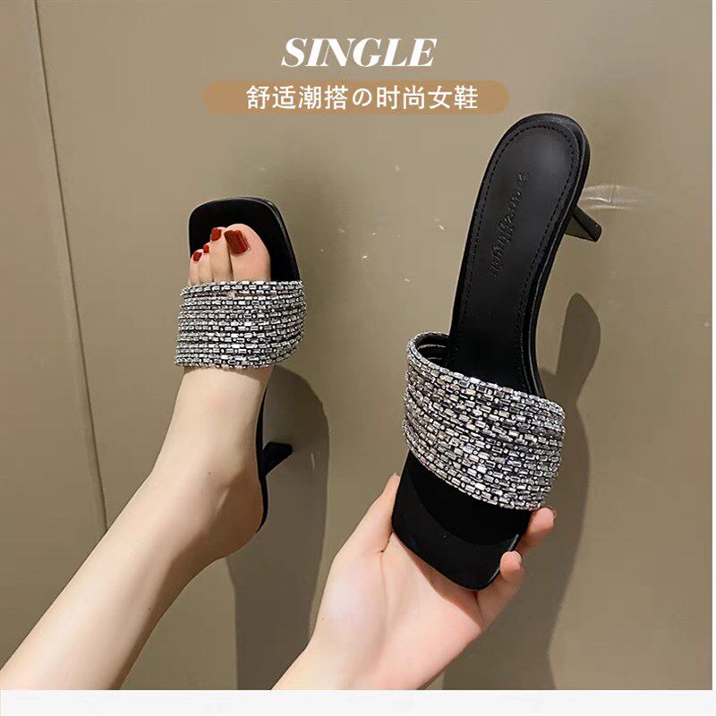 法式水钻中跟一字拖女2p025夏凉鞋方头露趾洋气外穿细跟凉拖高跟