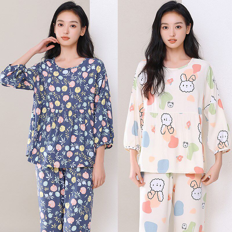 棉绸睡衣女春f秋季薄款可爱宽松大码家居服套装夏季可外穿绵绸睡