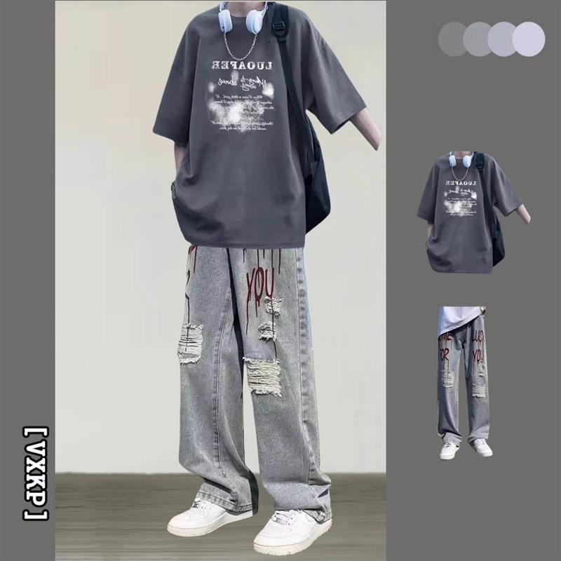 美式潮牌短袖T恤衫男生套装夏季青少年宽松炸街潮流男装一套搭配