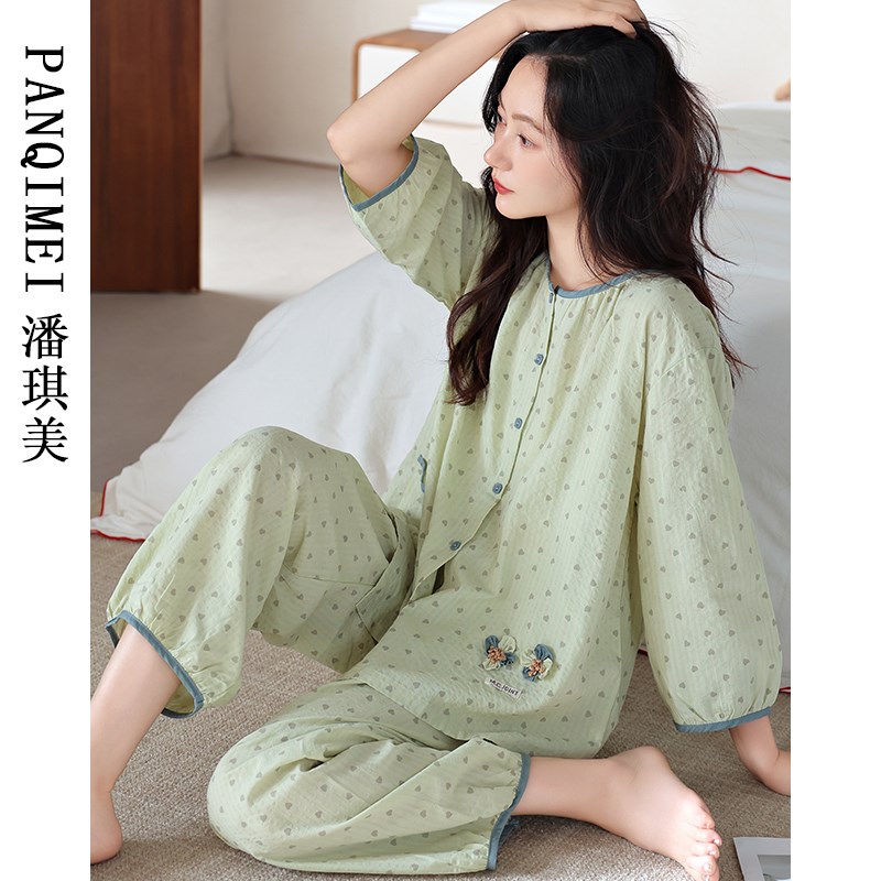 梭织棉纱布睡衣女士春秋款纯棉七z分袖2024新款夏季全棉长袖家居