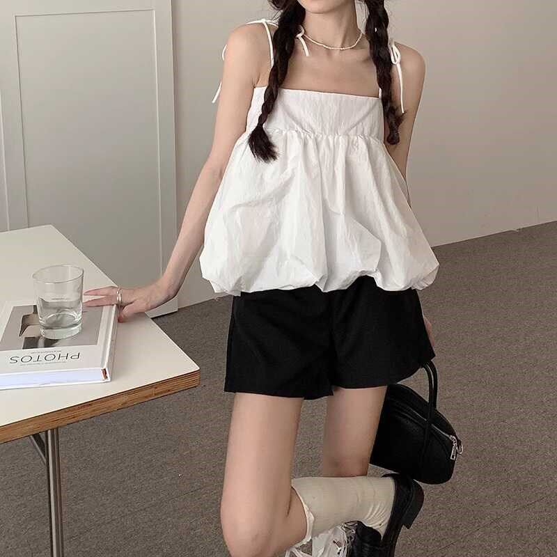 蓬蓬上衣绑带娃娃衫女夏季甜美日系风宽松时尚外穿无袖纯欲吊带衫