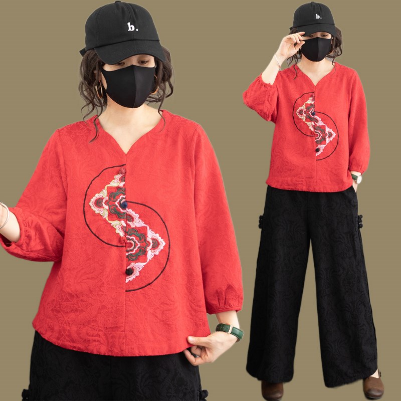 民族风秋季新款棉麻绣花长袖T恤套装女复古盘扣上衣阔腿裤两件套