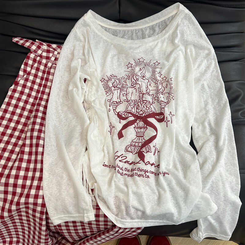 白色涂鸦斜肩长袖t恤防晒罩衫女2025新款夏季薄款慵懒风宽松上衣