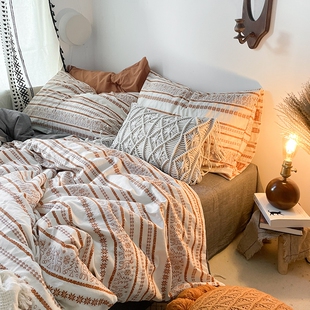 林深时见鹿 复古棕桔花纹大提花纯棉水G洗棉四件套纯棉被套1.8床