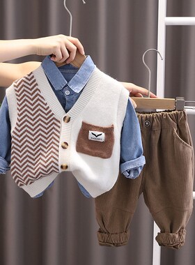 婴儿衣服时髦秋装三件套一岁六七九八个月男宝宝帅气休闲分体套装