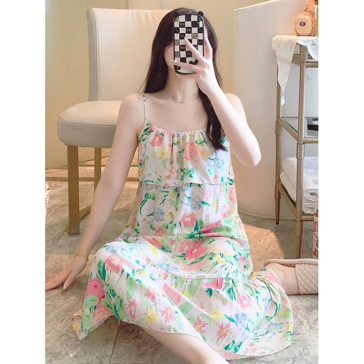 睡裙夏季女吊带棉绸防凸点睡衣夏天凉感人造棉少女可爱绵绸家居服