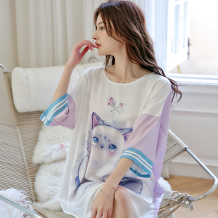 2022年新款睡裙女春夏季冰丝薄款短袖卡通猫咪宽松加大码孕妇睡衣
