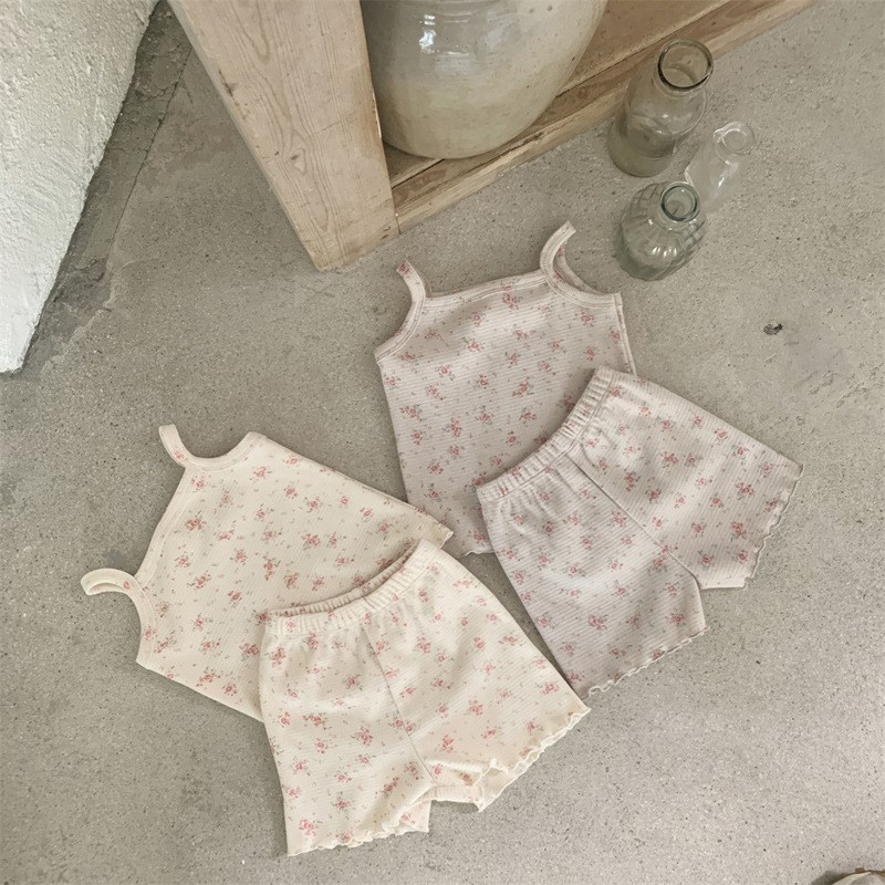 韩版婴儿衣服夏装女宝宝分体套装洋气吊带上衣裤子碎花两件套薄款