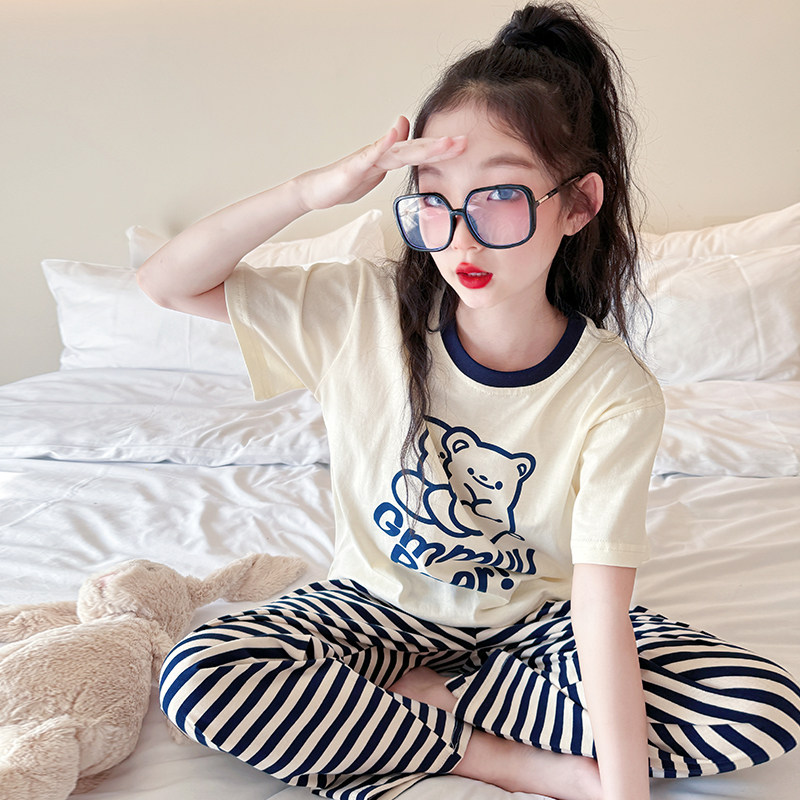 睡衣女童夏季2024新款儿童洋气纯棉家居服套装女孩夏装薄款空调服