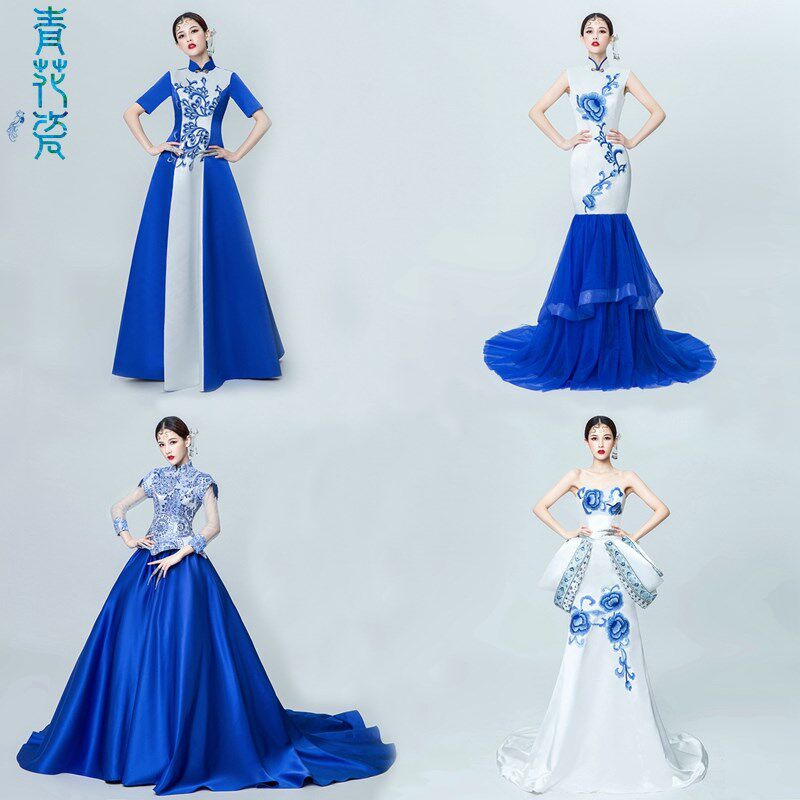中国风风青花瓷系列礼服商演车展走秀旗袍晚会年会舞台T台演出服