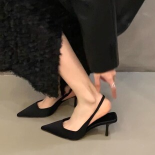 法式细跟高跟黑色女款凉r鞋女鞋子2024新款小众设计感尖头单鞋女