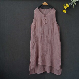 马甲背心长款褶皱麻水洗亚麻复古文艺手工盘扣连衣裙宽松大码女夏