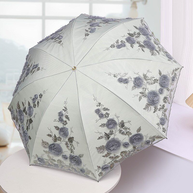 绣花亮片刺绣蕾丝双层晴雨两用太阳伞三折叠手提袋女神遮阳伞厂家