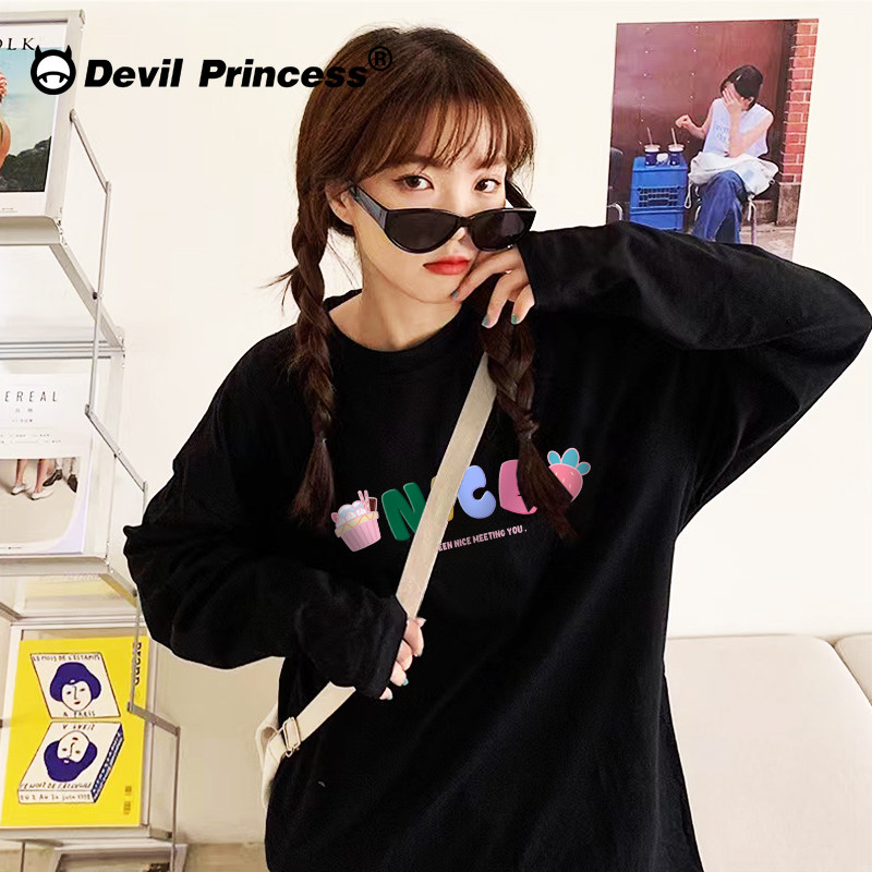 黑色长袖t恤女小个子纯棉宽松韩版秋冬减龄甜妹风纯棉正肩半袖女