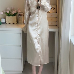 大码200斤冰丝睡衣女款春秋季长袖睡裙带胸垫202S4新款法式家居服