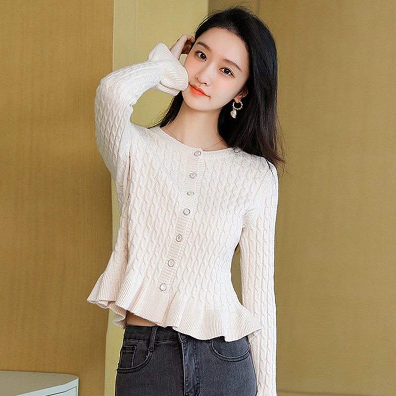 麻花毛衣外套女2021秋冬洋气外穿上衣荷叶边短款修身长袖针织开衫
