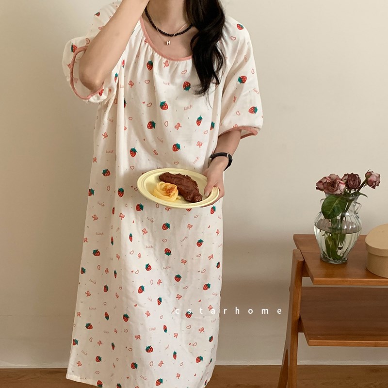 越穿越软!婴儿棉纯棉睡裙睡衣家居服宽松短袖夏R季可爱草莓全纯棉