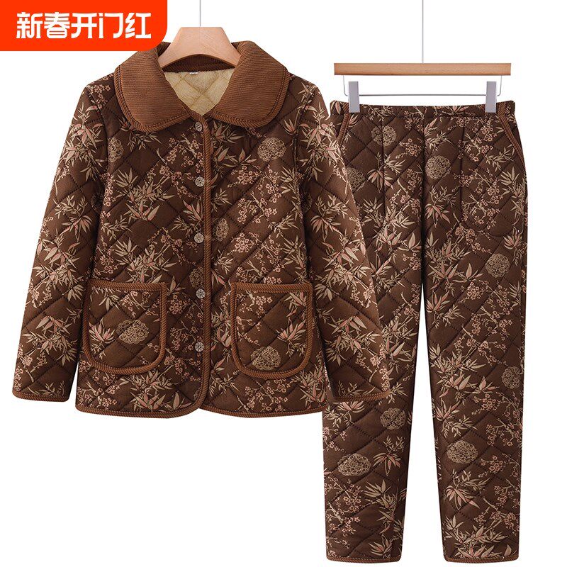 妈妈冬装棉衣g棉裤套装女奶奶加绒加厚家居服棉袄夹棉保暖睡衣洋