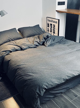 夏季灰色床笠款四件套纯棉100全棉被C单被罩200x230棉麻感床上用