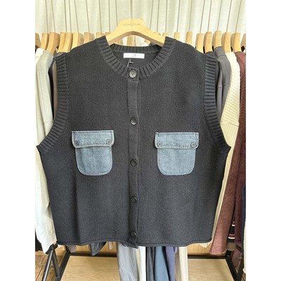 小王家8541秋冬韩版宽松大码胖mm休闲慵懒风拼接针织毛衣背心马甲