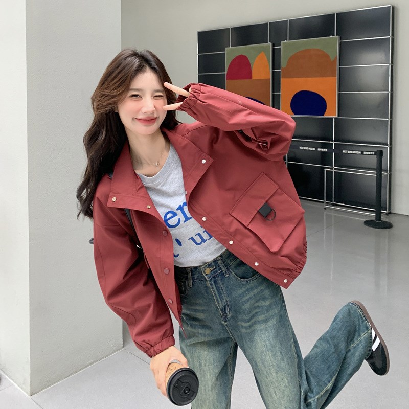 红色美式复古工装风休闲夹克外套女春秋2024新款短款小个子设计感