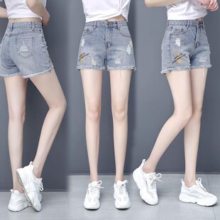 牛仔短裤女夏季2024年新款高腰裤子薄款卷边短裤夏天破洞休闲热裤