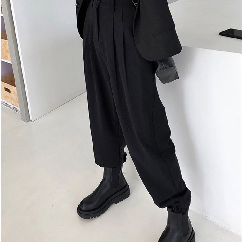 春秋季韩版宽松直筒萝卜哈伦裤子束脚工装裤女显瘦高腰休闲西装裤