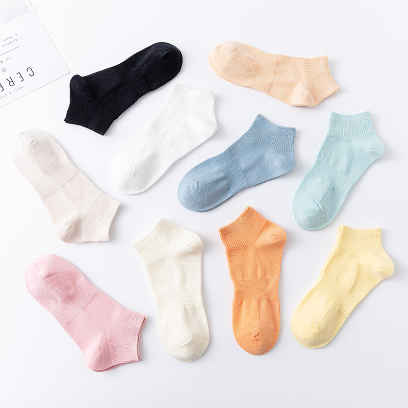 女士春夏季薄款纯棉简约纯色短袜黑色白色透气防臭全.棉短筒袜子