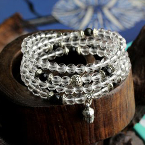 天然白水晶108粒佛珠手链 108颗多圈白水晶手串 男女款