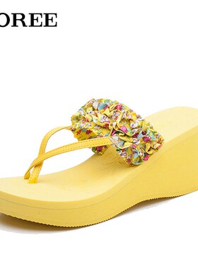 夏季厚底外穿坡跟沙滩拖鞋黄色防滑高跟女凉拖套趾软底碎花人字拖