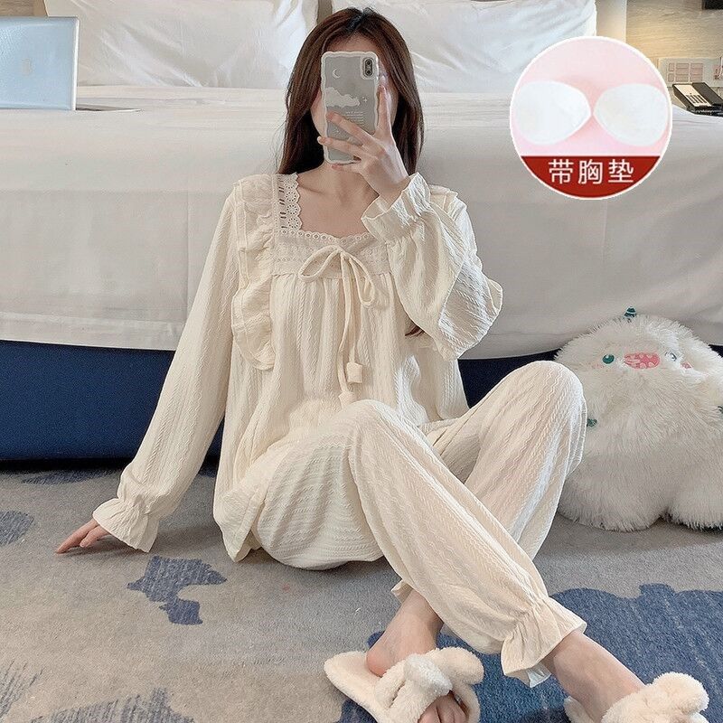 宫廷风睡衣女款春秋季纯棉长袖带胸垫甜美少女杏色夏天家居服套装