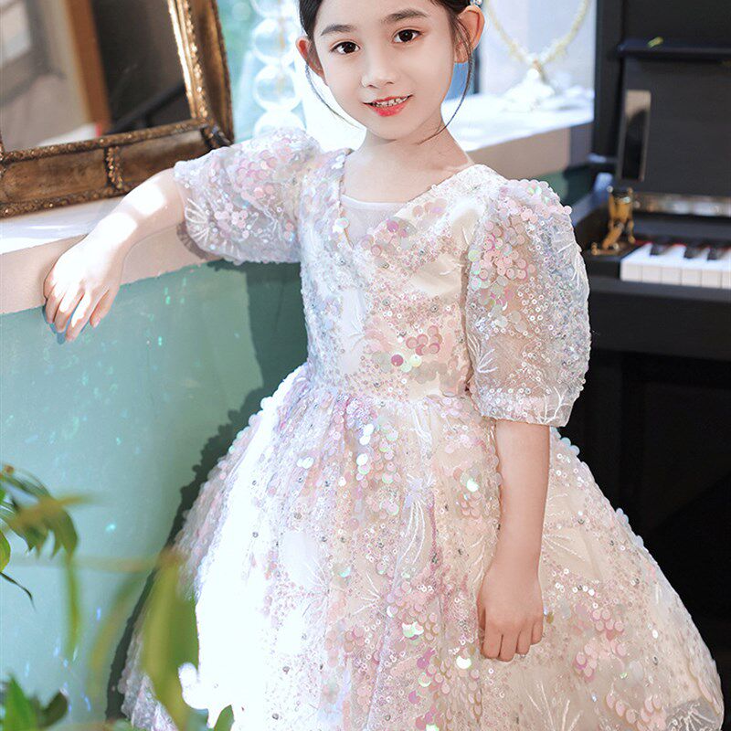 婚礼生日花童礼服女童连衣裙夏高端亮片公主裙走秀钢琴舞蹈演出服