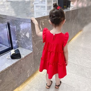 2021新款童装夏装3-8岁女童夏季雪纺大红色裙子女宝宝洋气连衣裙