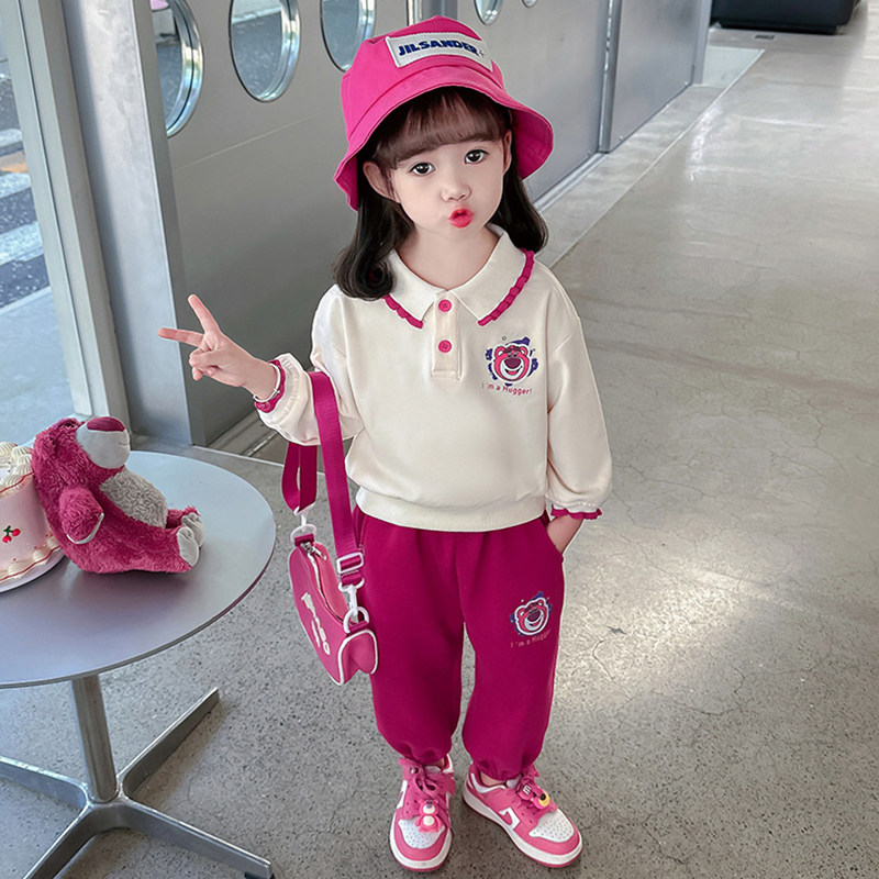 女童秋装草莓熊卫衣套装洋派时尚女宝宝运动两件套装儿童春秋季时