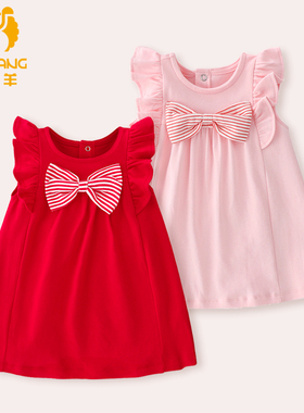 婴儿连衣裙夏款女童公主裙子女宝百天新款礼服裙外出周岁生日红色