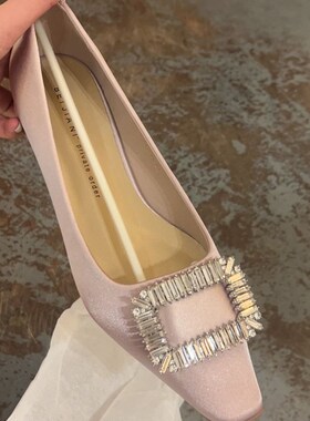 工作鞋女黑色职业气质法式水钻方扣低粗跟单鞋绸缎真丝平底鞋羊皮