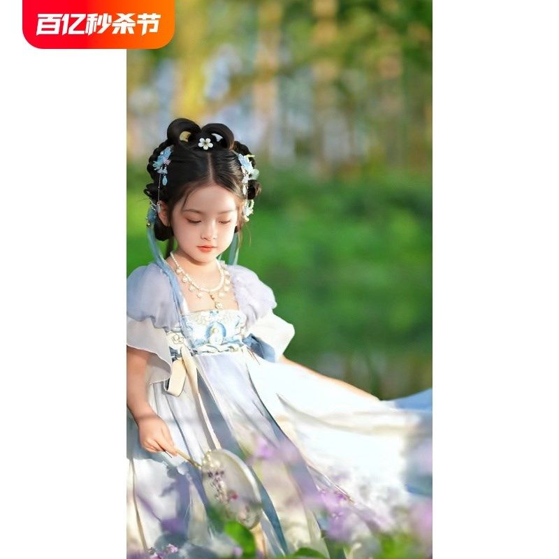 汉服女童古装儿童连衣裙女宝中国风改良日常超仙蓝色刺绣印花襦裙