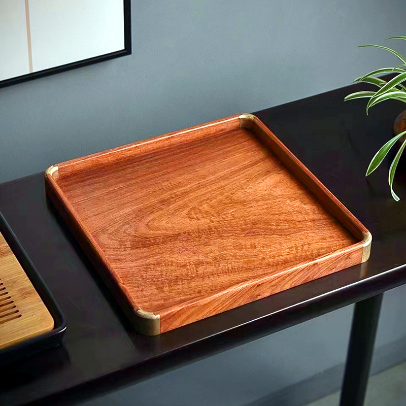 正方形实木托盘红木干泡茶盘香盘文玩承盘花梨木镶铜角中式古典