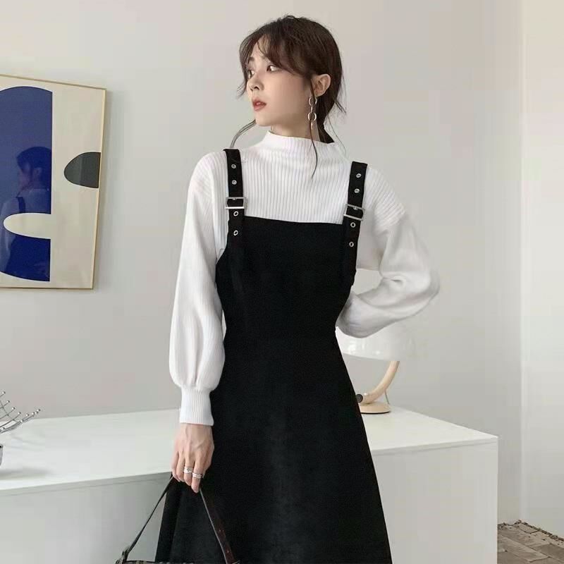 2024新款法式复古气质连衣裙收腰显瘦毛衣背带长裙女春秋两件套装