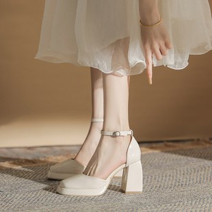 方头粗跟单鞋 增高9cm高跟凉鞋 春秋防水台侧空设计感法式 新款 女鞋