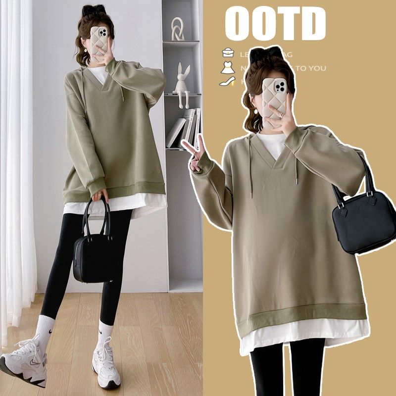 孕妇装春季长袖假两件卫衣2024新款小个子大码宽松套装.中长款上