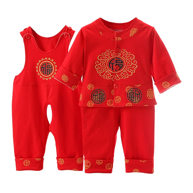 宝宝唐装夏季薄款纯棉婴儿红色衣服满月百岁服周岁礼服男女套装
