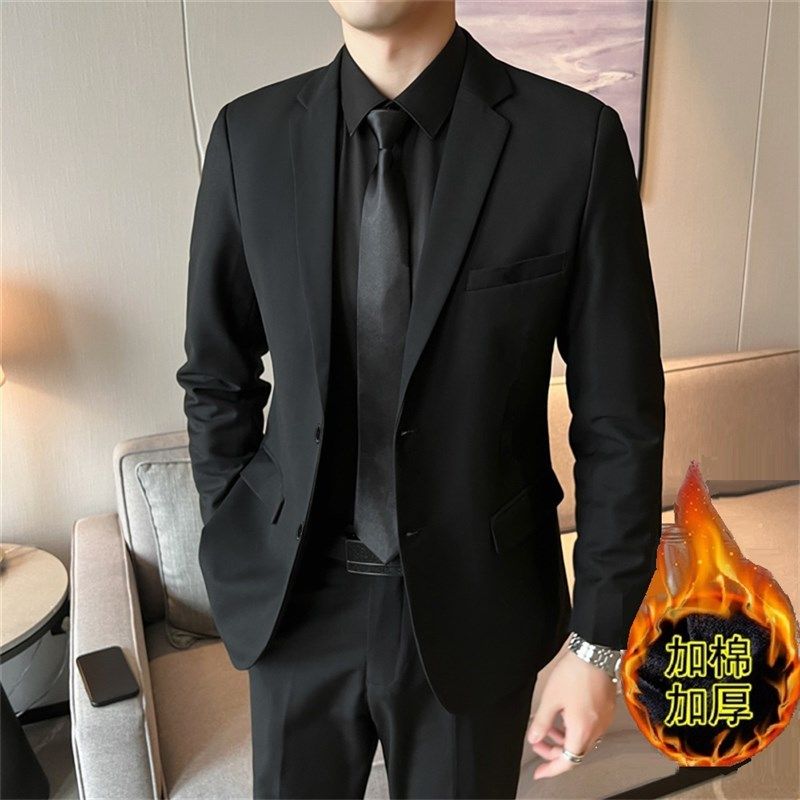 秋冬加绒加厚西装套装男士韩版修身商务正装休闲青年新郎结婚西装